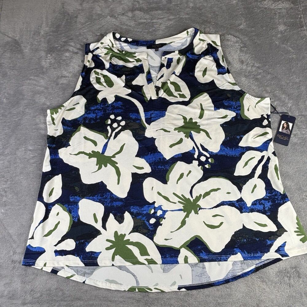 Rachel Roy Top Womens 1X Blue Blouse Floral Sleeveless V-Neck White Hibiscus New - Picture 3 of 11